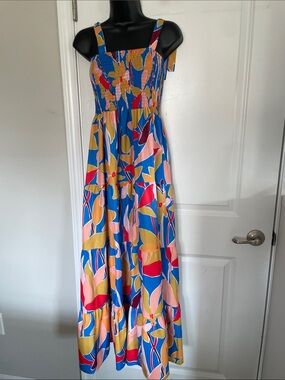 Blue Floral Maxi Sundress with Smocked Bodice